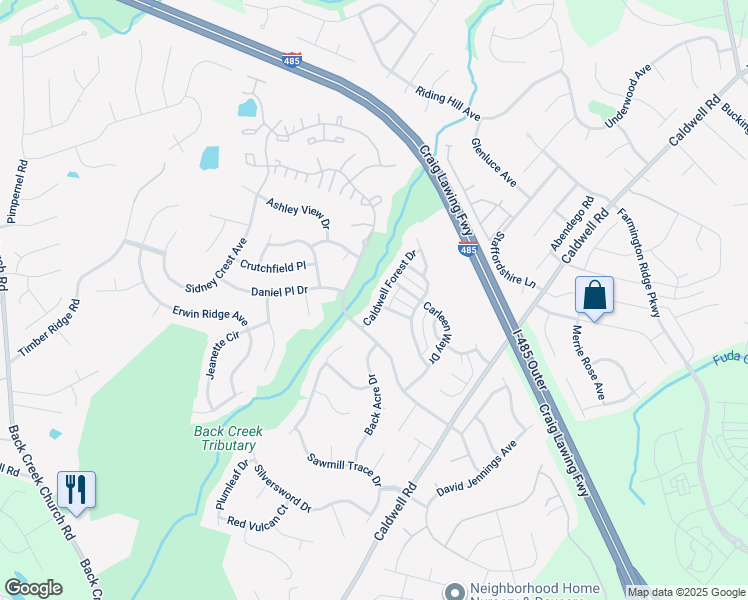 map of restaurants, bars, coffee shops, grocery stores, and more near 10218 Caldwell Forest Drive in Charlotte