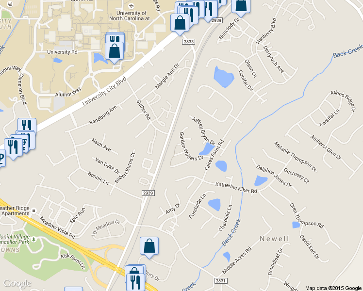 map of restaurants, bars, coffee shops, grocery stores, and more near 1539 Gordon Walters Drive in Charlotte