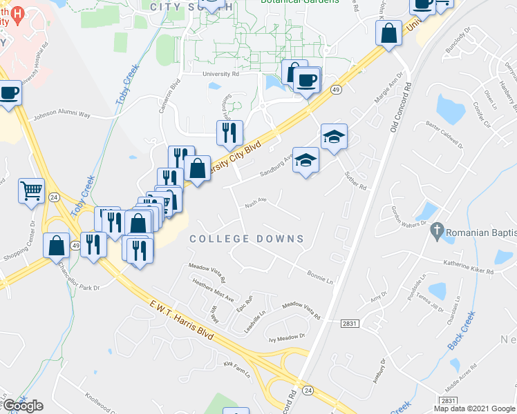 map of restaurants, bars, coffee shops, grocery stores, and more near 9101 Nash Avenue in Charlotte