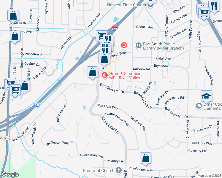 map of restaurants, bars, coffee shops, grocery stores, and more near 9100 Balachan Drive in Fort Smith