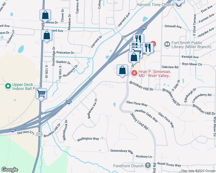 map of restaurants, bars, coffee shops, grocery stores, and more near 2100 Brooken Hill Drive in Fort Smith