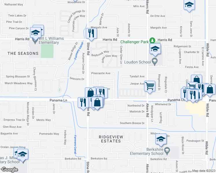 map of restaurants, bars, coffee shops, grocery stores, and more near 4516 Maybrook Avenue in Bakersfield