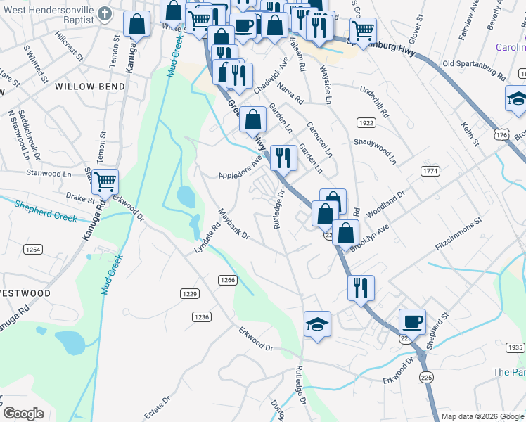map of restaurants, bars, coffee shops, grocery stores, and more near 108 Circle Drive in Hendersonville