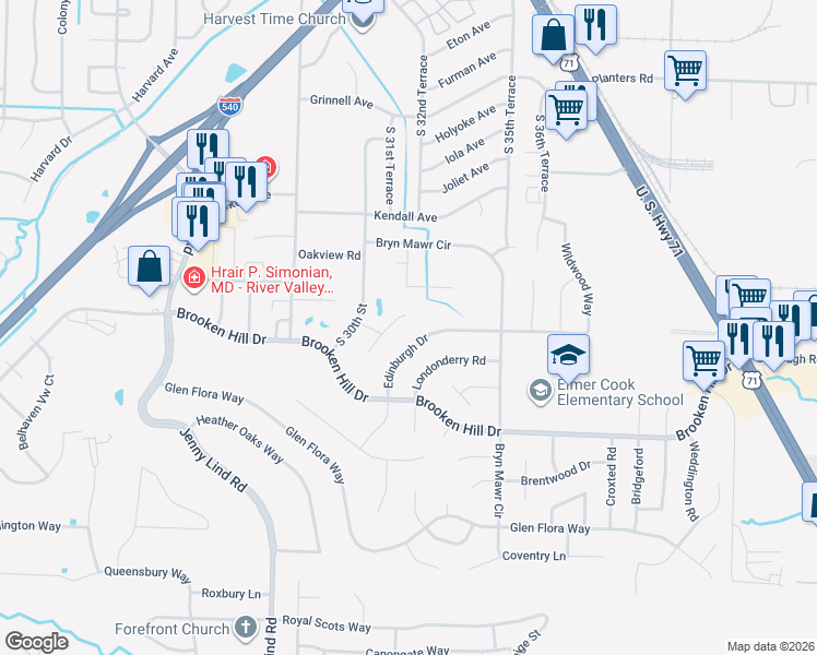 map of restaurants, bars, coffee shops, grocery stores, and more near 8930 Stoney Hedge Drive in Fort Smith
