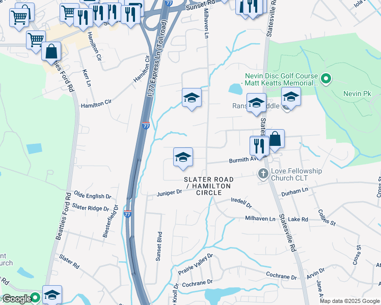 map of restaurants, bars, coffee shops, grocery stores, and more near 2717 Boulder Lane in Charlotte
