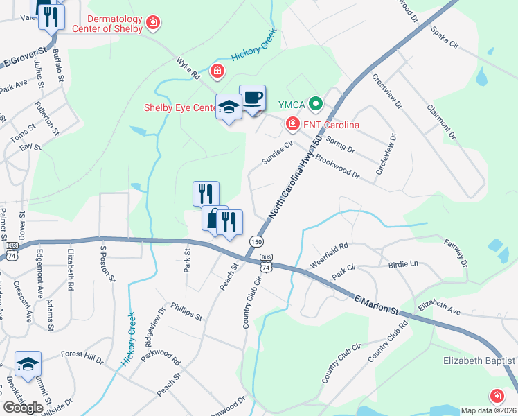 map of restaurants, bars, coffee shops, grocery stores, and more near 112 Sunrise Circle in Shelby