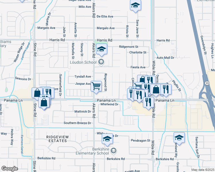 map of restaurants, bars, coffee shops, grocery stores, and more near 6300 Ringwood Street in Bakersfield