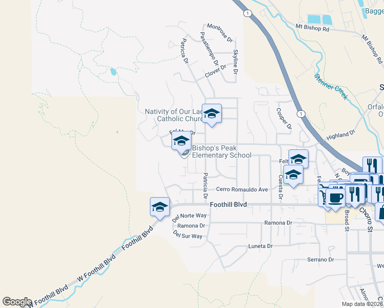 map of restaurants, bars, coffee shops, grocery stores, and more near 451 Jaycee Drive in San Luis Obispo