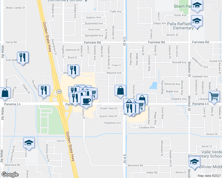 map of restaurants, bars, coffee shops, grocery stores, and more near 6212 Chester W Nimitz Street in Bakersfield