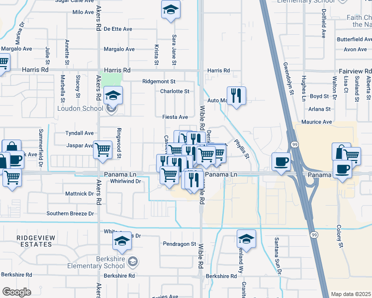 map of restaurants, bars, coffee shops, grocery stores, and more near 6201 Wible Road in Bakersfield