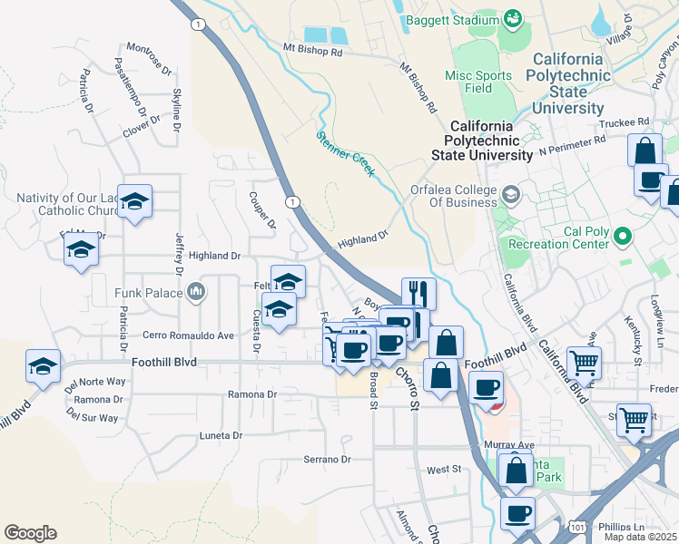 map of restaurants, bars, coffee shops, grocery stores, and more near 497 North Chorro Street in San Luis Obispo