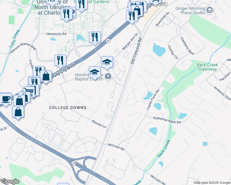 map of restaurants, bars, coffee shops, grocery stores, and more near 9520 Shannon Green Drive in Charlotte