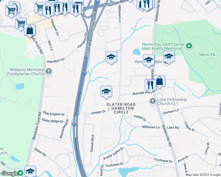 map of restaurants, bars, coffee shops, grocery stores, and more near 2739 Dellinger Circle in Charlotte