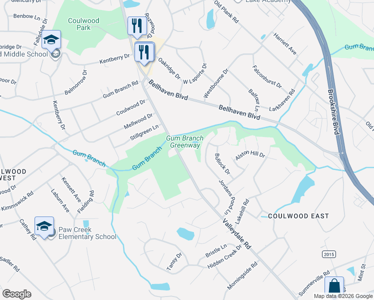 map of restaurants, bars, coffee shops, grocery stores, and more near 1426 Valleydale Road in Charlotte