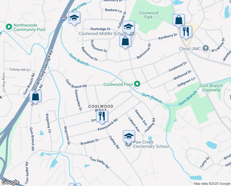 map of restaurants, bars, coffee shops, grocery stores, and more near 606 Coulwood Drive in Charlotte