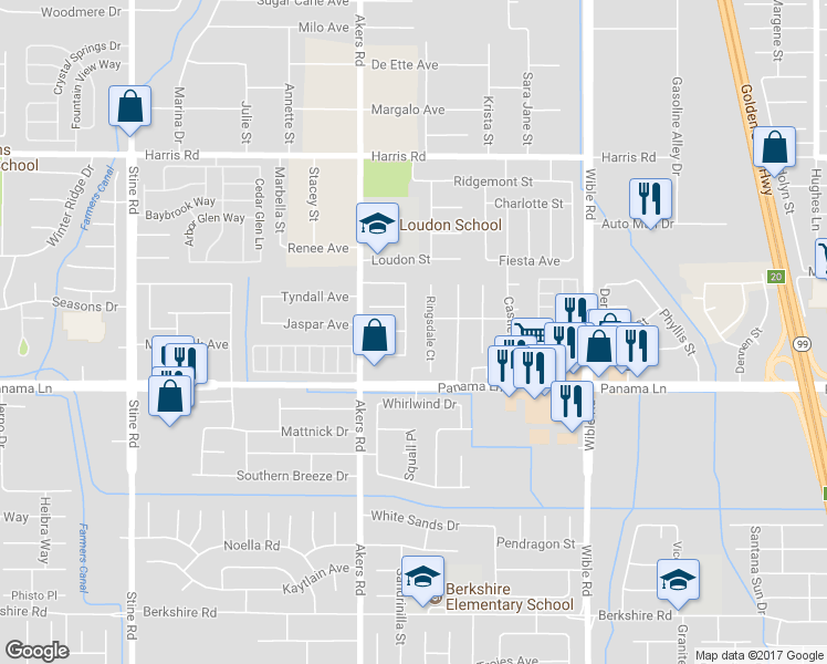 map of restaurants, bars, coffee shops, grocery stores, and more near 6300 Ringwood Street in Bakersfield