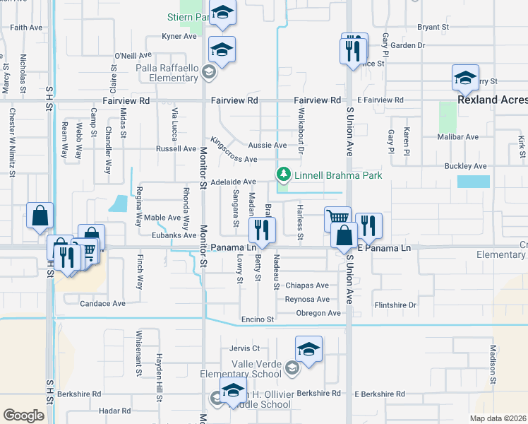 map of restaurants, bars, coffee shops, grocery stores, and more near 6306 Madan Street in Bakersfield