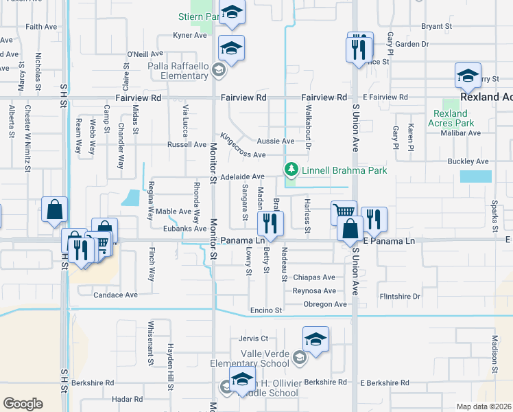 map of restaurants, bars, coffee shops, grocery stores, and more near 6306 Madan Street in Bakersfield