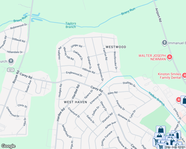 map of restaurants, bars, coffee shops, grocery stores, and more near 2906 Hillman Road in Kinston