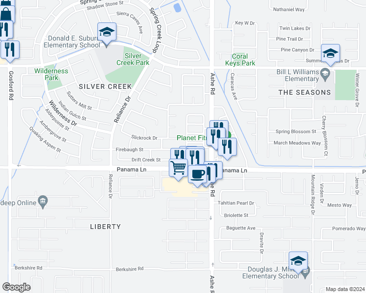 map of restaurants, bars, coffee shops, grocery stores, and more near 6311 Brewer Creek Drive in Bakersfield