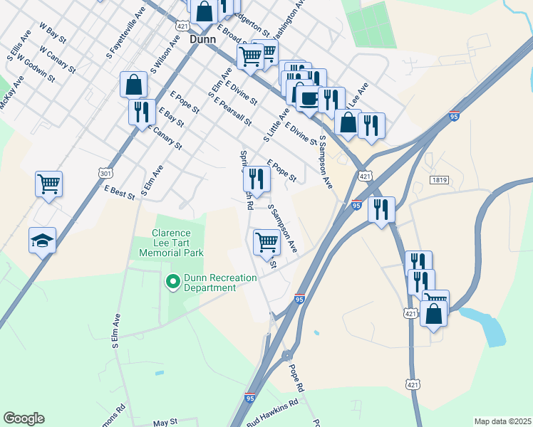 map of restaurants, bars, coffee shops, grocery stores, and more near 804 East Godwin Street in Dunn
