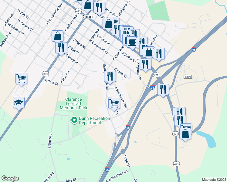 map of restaurants, bars, coffee shops, grocery stores, and more near 804 East Godwin Street in Dunn