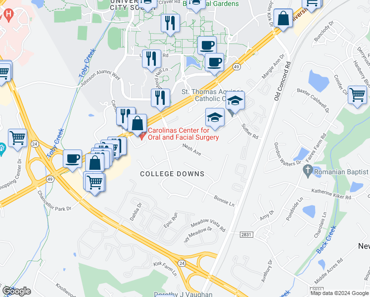 map of restaurants, bars, coffee shops, grocery stores, and more near 9128 Nash Avenue in Charlotte
