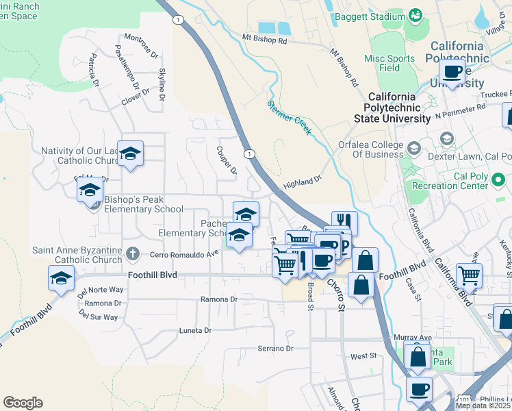 map of restaurants, bars, coffee shops, grocery stores, and more near 585 Highland Drive in San Luis Obispo