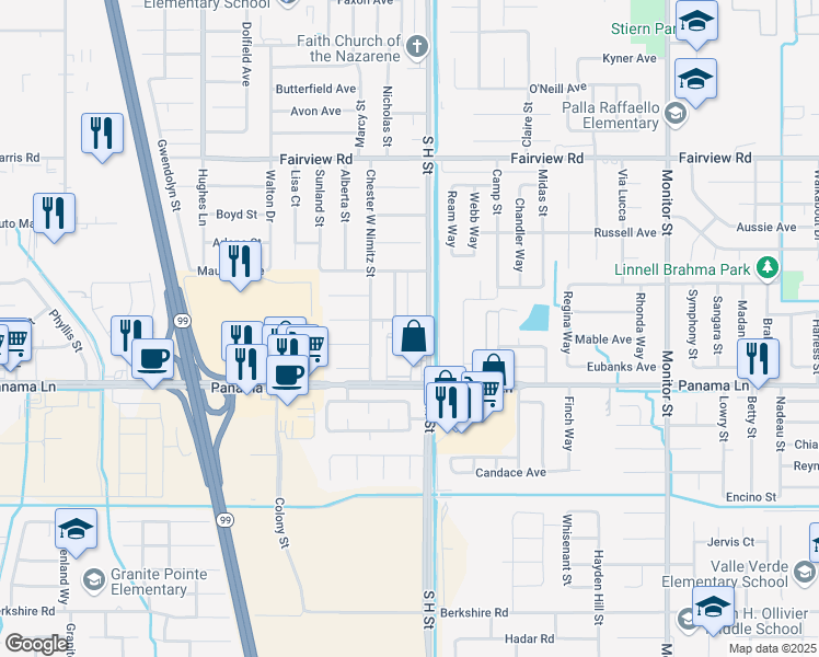 map of restaurants, bars, coffee shops, grocery stores, and more near 6215 South H Street in Bakersfield