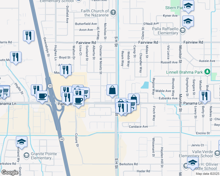 map of restaurants, bars, coffee shops, grocery stores, and more near 6215 South H Street in Bakersfield
