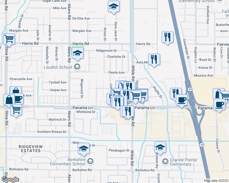 map of restaurants, bars, coffee shops, grocery stores, and more near 3501 Springford Court in Bakersfield