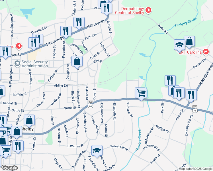 map of restaurants, bars, coffee shops, grocery stores, and more near 924 Airline Extension in Shelby
