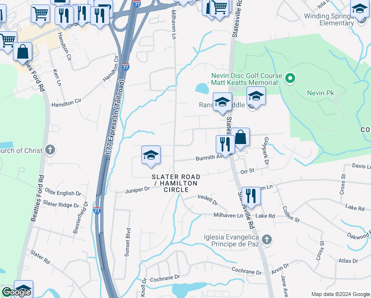 map of restaurants, bars, coffee shops, grocery stores, and more near 2818 Dellinger Drive in Charlotte
