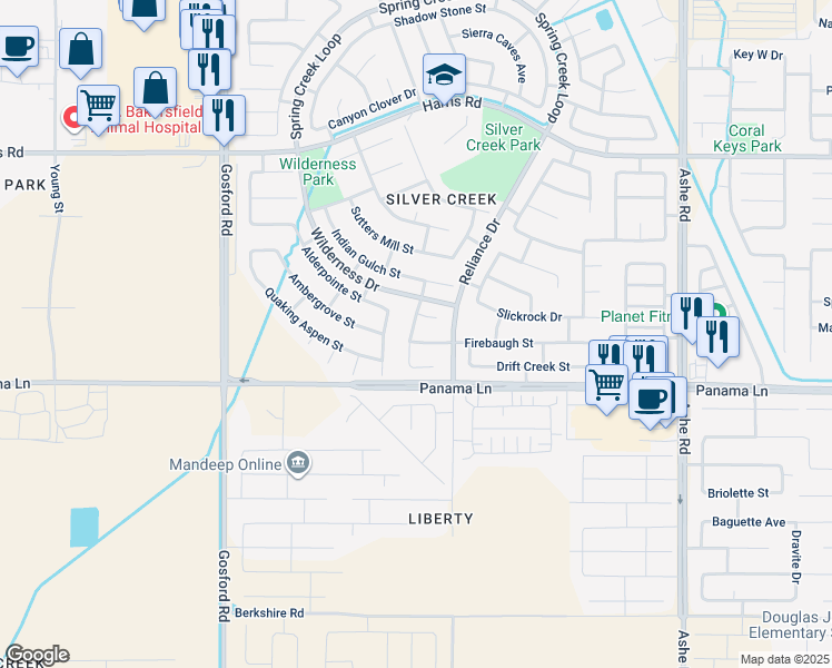 map of restaurants, bars, coffee shops, grocery stores, and more near 7410 Firebaugh Street in Bakersfield