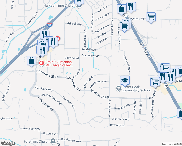 map of restaurants, bars, coffee shops, grocery stores, and more near 8930 Stoney Hedge Drive in Fort Smith