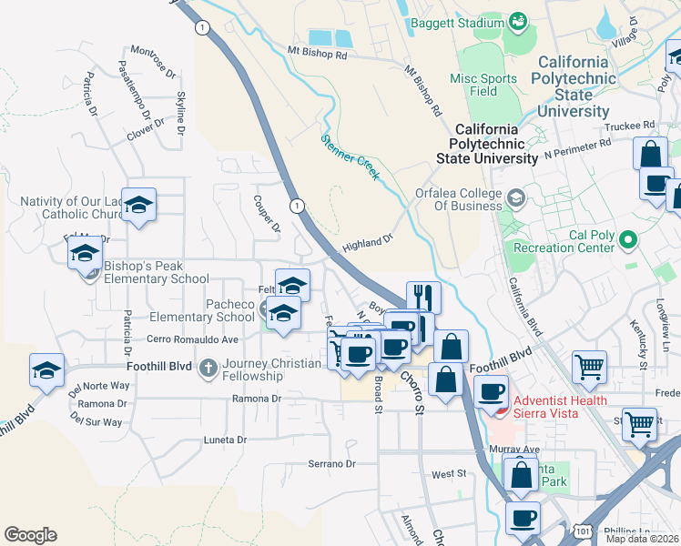 map of restaurants, bars, coffee shops, grocery stores, and more near 497 North Chorro Street in San Luis Obispo