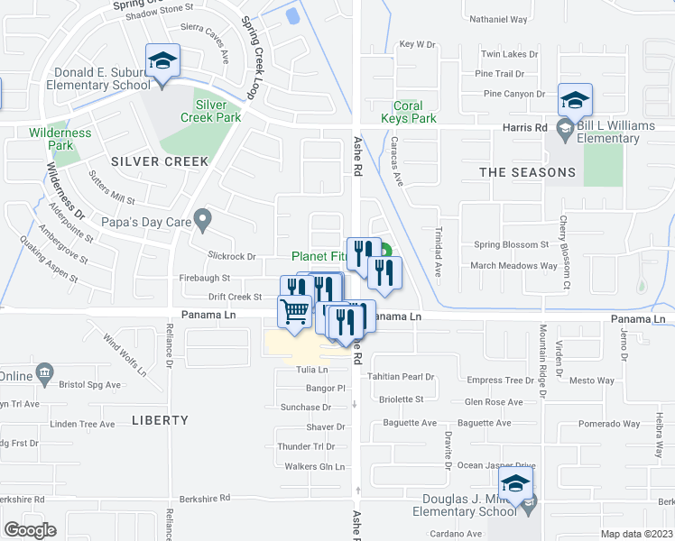 map of restaurants, bars, coffee shops, grocery stores, and more near 6603 Rimridge Way in Bakersfield