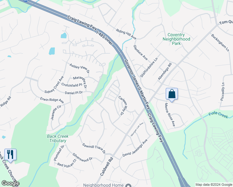 map of restaurants, bars, coffee shops, grocery stores, and more near 13806 Carleen Way Drive in Charlotte
