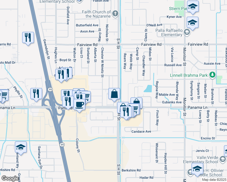 map of restaurants, bars, coffee shops, grocery stores, and more near 1709 William F Halsey Avenue in Bakersfield