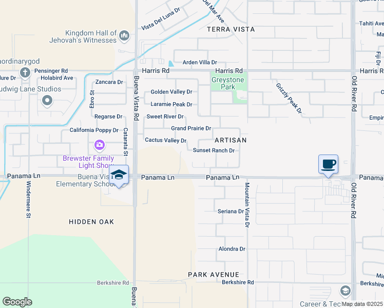 map of restaurants, bars, coffee shops, grocery stores, and more near 10811 Sunset Ranch Drive in Bakersfield