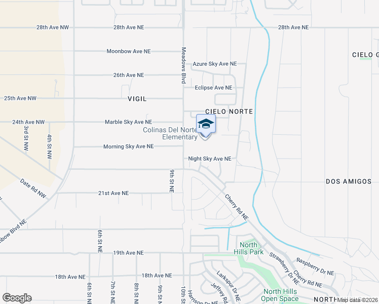 map of restaurants, bars, coffee shops, grocery stores, and more near 1001 Night Sky Avenue Northeast in Rio Rancho