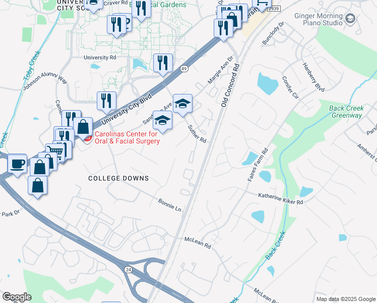 map of restaurants, bars, coffee shops, grocery stores, and more near 9531 Shannon Green Drive in Charlotte