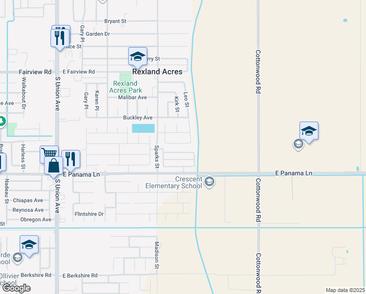 map of restaurants, bars, coffee shops, grocery stores, and more near 1050 East Panama Lane in Bakersfield