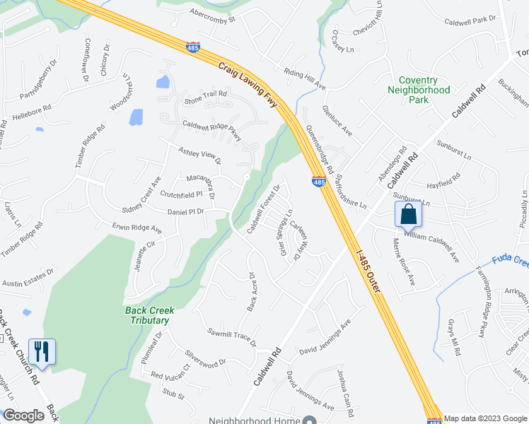 map of restaurants, bars, coffee shops, grocery stores, and more near 10210 Caldwell Forest Drive in Charlotte