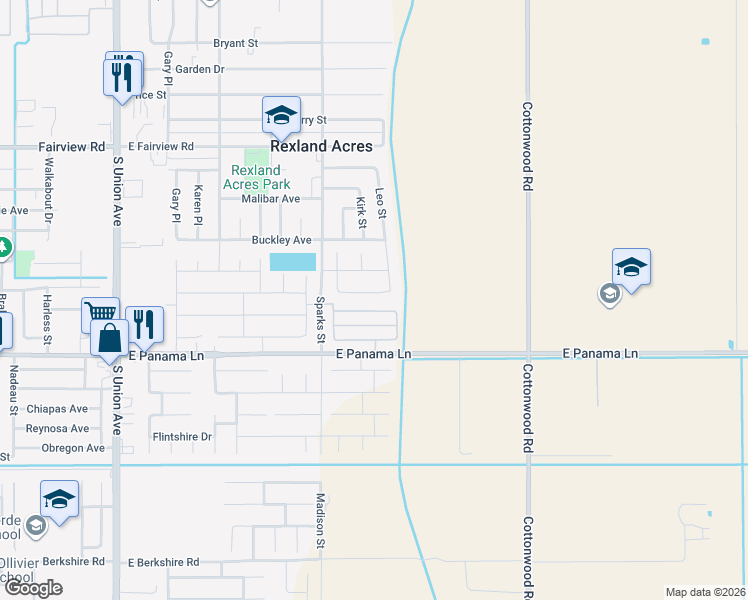 map of restaurants, bars, coffee shops, grocery stores, and more near 1050 East Panama Lane in Bakersfield