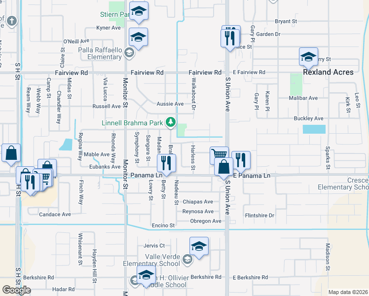 map of restaurants, bars, coffee shops, grocery stores, and more near 420 Linnell Way in Bakersfield
