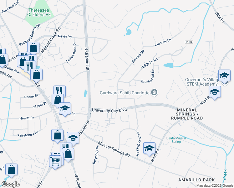 map of restaurants, bars, coffee shops, grocery stores, and more near 6557 Rumple Road in Charlotte