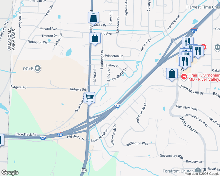 map of restaurants, bars, coffee shops, grocery stores, and more near 9104 South 15th Street in Fort Smith
