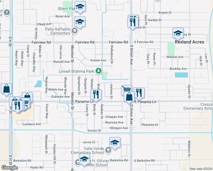 map of restaurants, bars, coffee shops, grocery stores, and more near 420 Linnell Way in Bakersfield