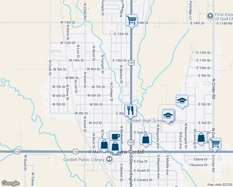 map of restaurants, bars, coffee shops, grocery stores, and more near 705 North College Street in New Cordell